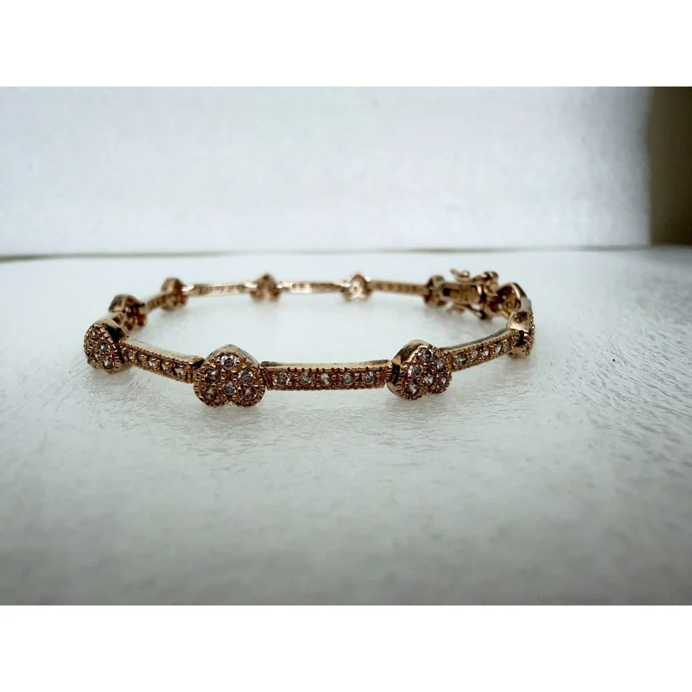 925 Sterling Silver Gold Plated Cubic Zirconia Pave Heart Links Tennis Bracelet